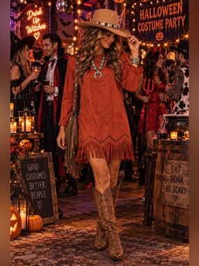 NWT Neslay Design Fringe Cowgirl Dress Terracotta L